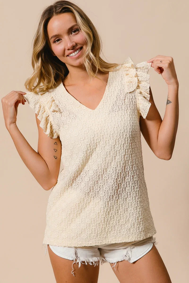 BIBI Floral Ruffled V-Neck Top - CREAM on Simply Obsessed