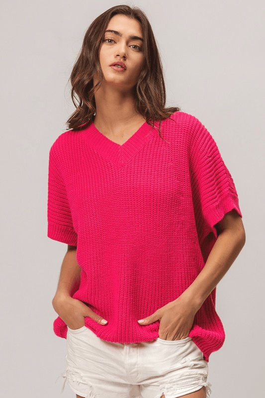 BIBI Fuchsia Short Dolman Sleeve V-Neck Sweater Top on Simply Obsessed