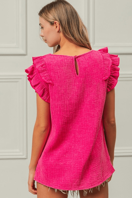 BIBI Hot Pink Mineral Washed V-Neck Top w/ Flutter Sleeves on Simply Obsessed