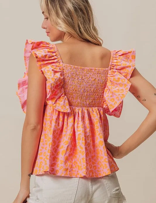 BIBI Leopard Print Flutter Sleeve Top - PINK on Simply Obsessed