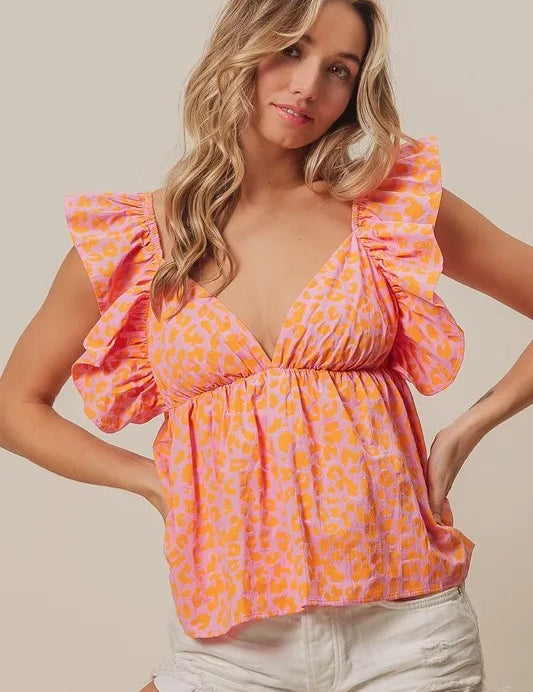 BIBI Leopard Print Flutter Sleeve Top - PINK on Simply Obsessed