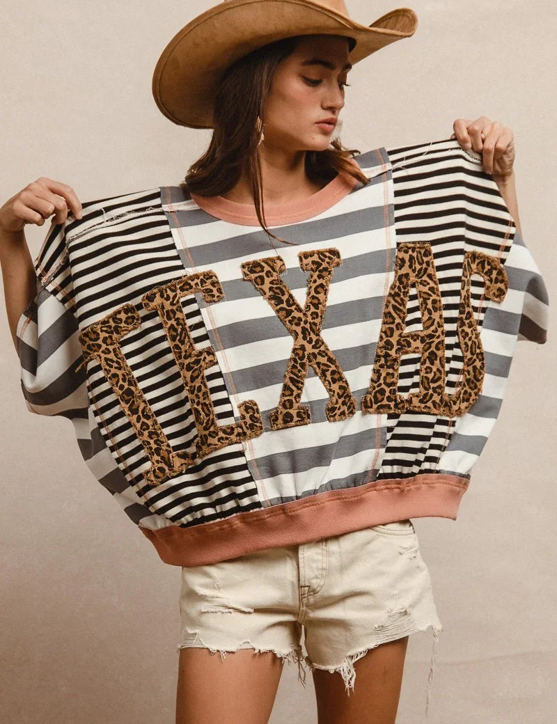 BIBI Leopard Texas Striped Patch Top on Simply Obsessed