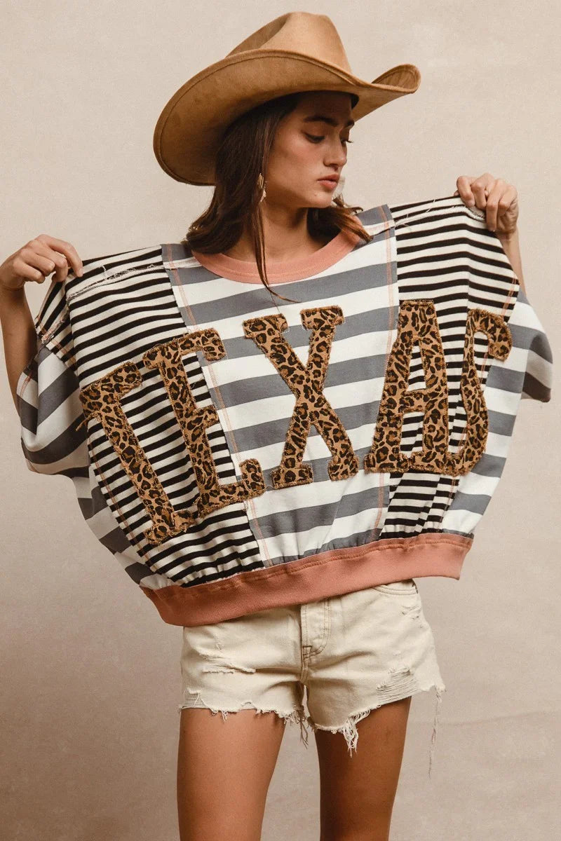 BIBI Leopard Texas Striped Patch Top on Simply Obsessed