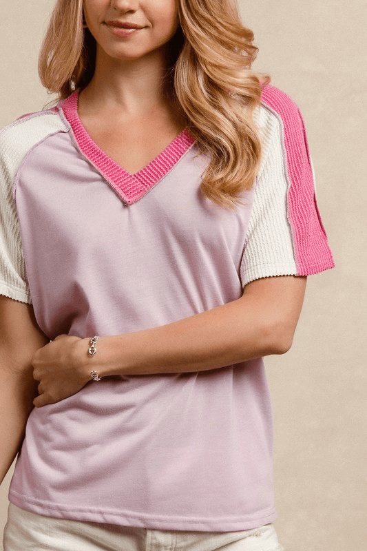 BIBI Pink Jersey Knit w/ Cord Rib Contrast V-Neck Top on Simply Obsessed