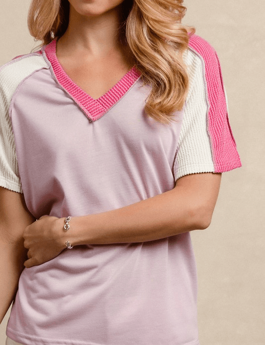  Cord Rib Contrast V-Neck Top on Simply Obsessed