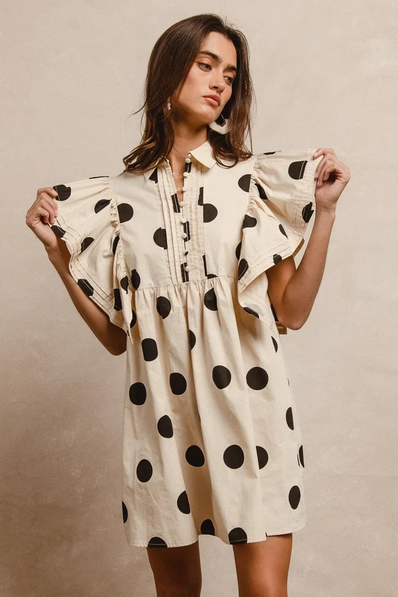 BIBI Polka Dot Ruffle Sleeve Dress - IVORY/BLACK on Simply Obsessed