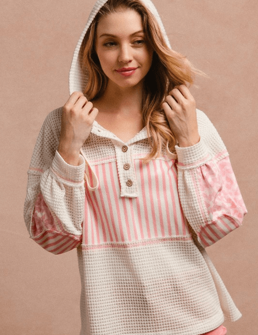 BIBI Rose Pink Waffle Knit & Print Mixed Hoodie Top on Simply Obsessed