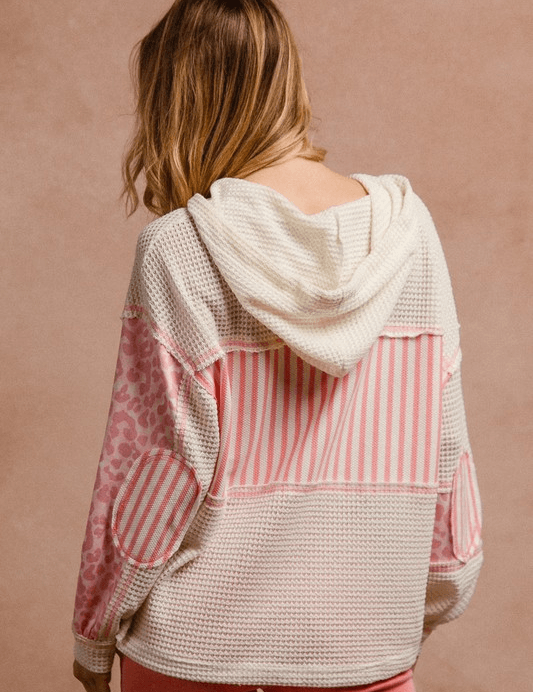 BIBI Rose Pink Waffle Knit & Print Mixed Hoodie Top on Simply Obsessed