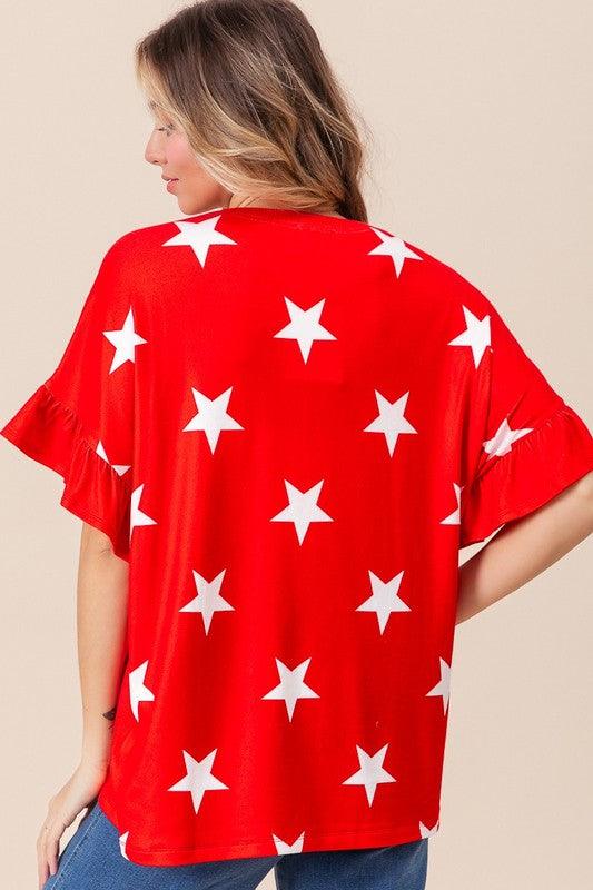 BIBI Star Printed Ruffle Sleeve Top - RED on Simply Obsessed