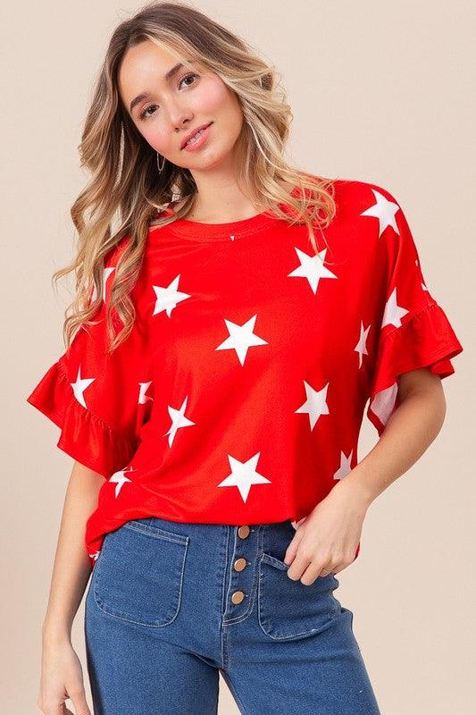 BIBI Star Printed Ruffle Sleeve Top - RED on Simply Obsessed