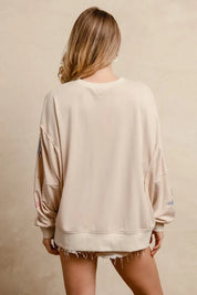BIBI USA Patchwork French Terry Oversized Top - OATMEAL on Simply Obsessed