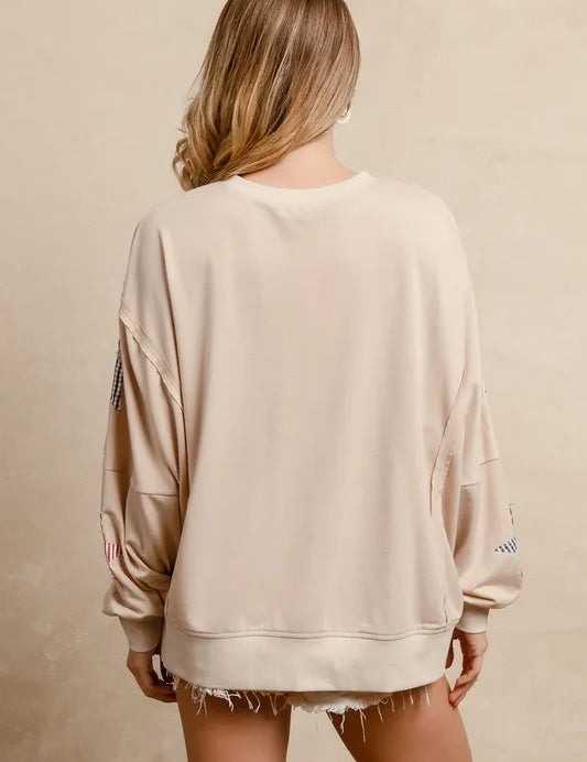 BIBI USA Patchwork French Terry Oversized Top - OATMEAL on Simply Obsessed