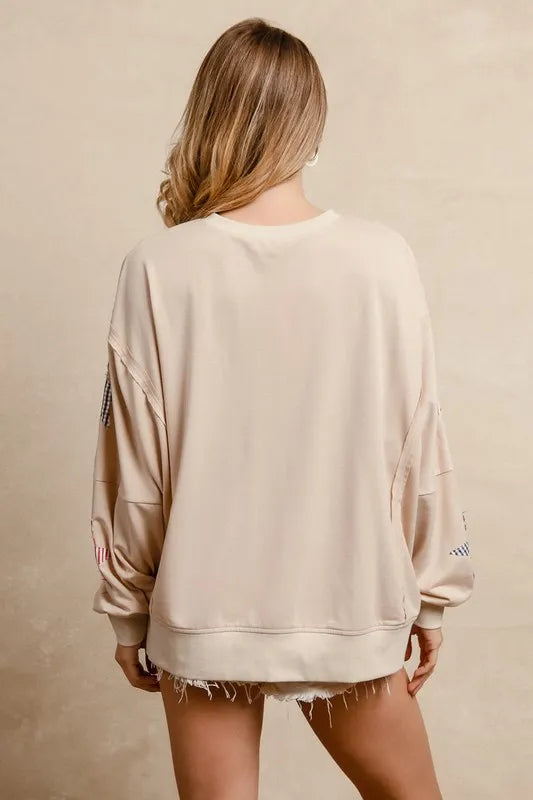 BIBI USA Patchwork French Terry Oversized Top - OATMEAL on Simply Obsessed