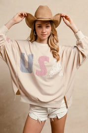 BIBI USA Patchwork French Terry Oversized Top - OATMEAL on Simply Obsessed