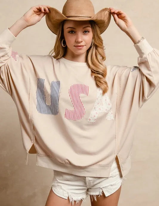 BIBI USA Patchwork French Terry Oversized Top - OATMEAL on Simply Obsessed