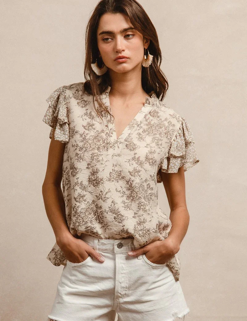 BIBI Woven Mix + Match Ruffle Sleeve V-Neck - TAUPE on Simply Obsessed
