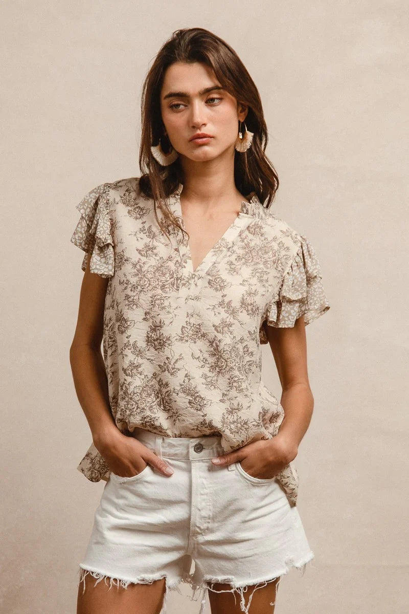 BIBI Woven Mix + Match Ruffle Sleeve V-Neck - TAUPE on Simply Obsessed