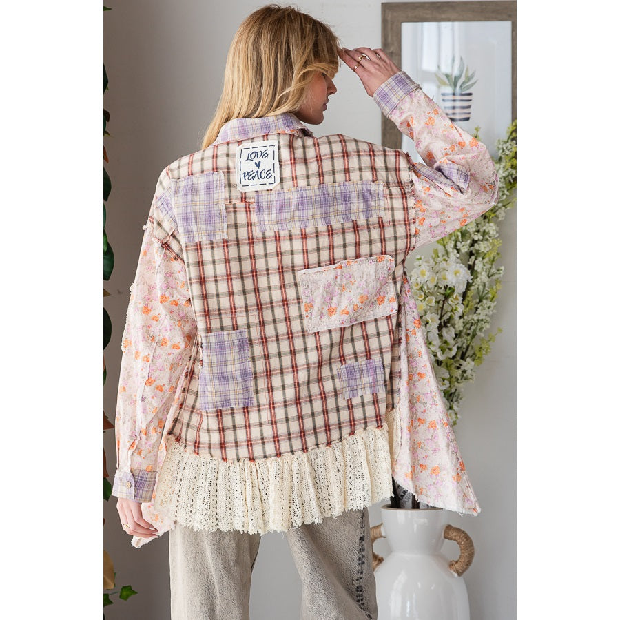 OLI + HALI Washed Ruffle Lace Hem Button Up Plaid Shirt on Simply Obsessed