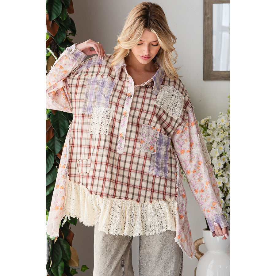 OLI + HALI Washed Ruffle Lace Hem Button Up Plaid Shirt on Simply Obsessed