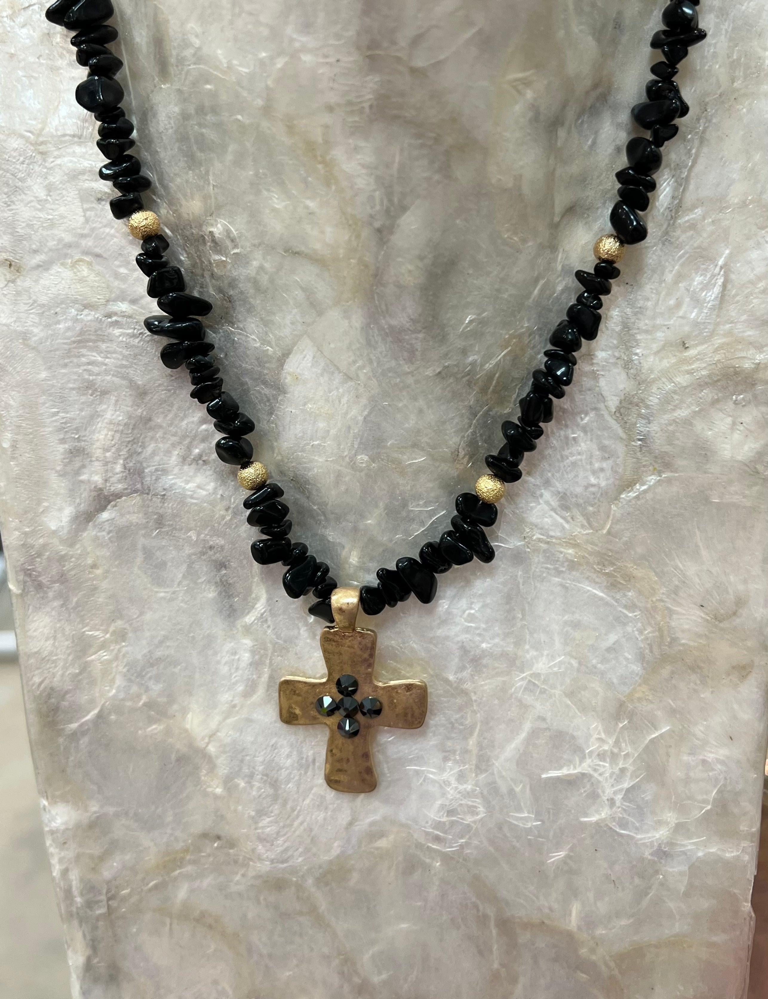 Black Stone Beaded Cross Necklace on Simply Obsessed