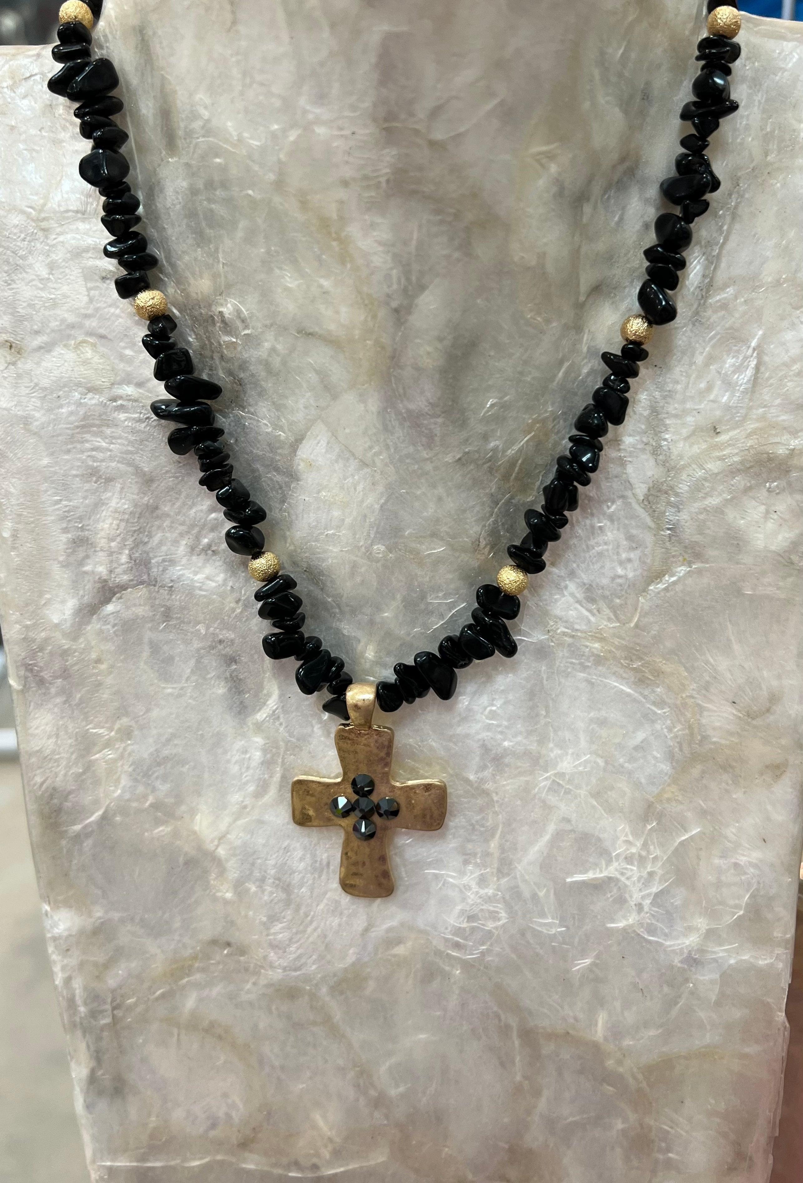 Black Stone Beaded Cross Necklace on Simply Obsessed