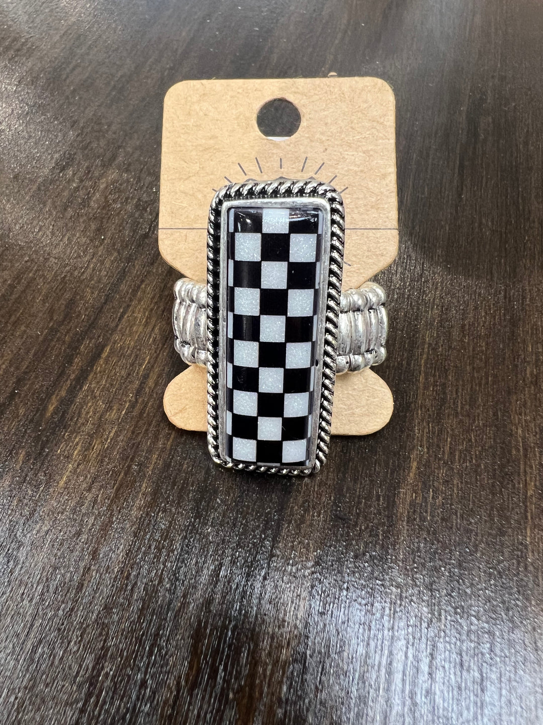 Black/White Checkered Adjustable Ring on Simply Obsessed