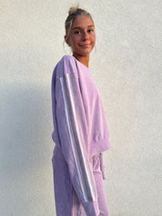 BLOOM + POP Acid Wash Crewneck w/ Striped Sleeves on Simply Obsessed