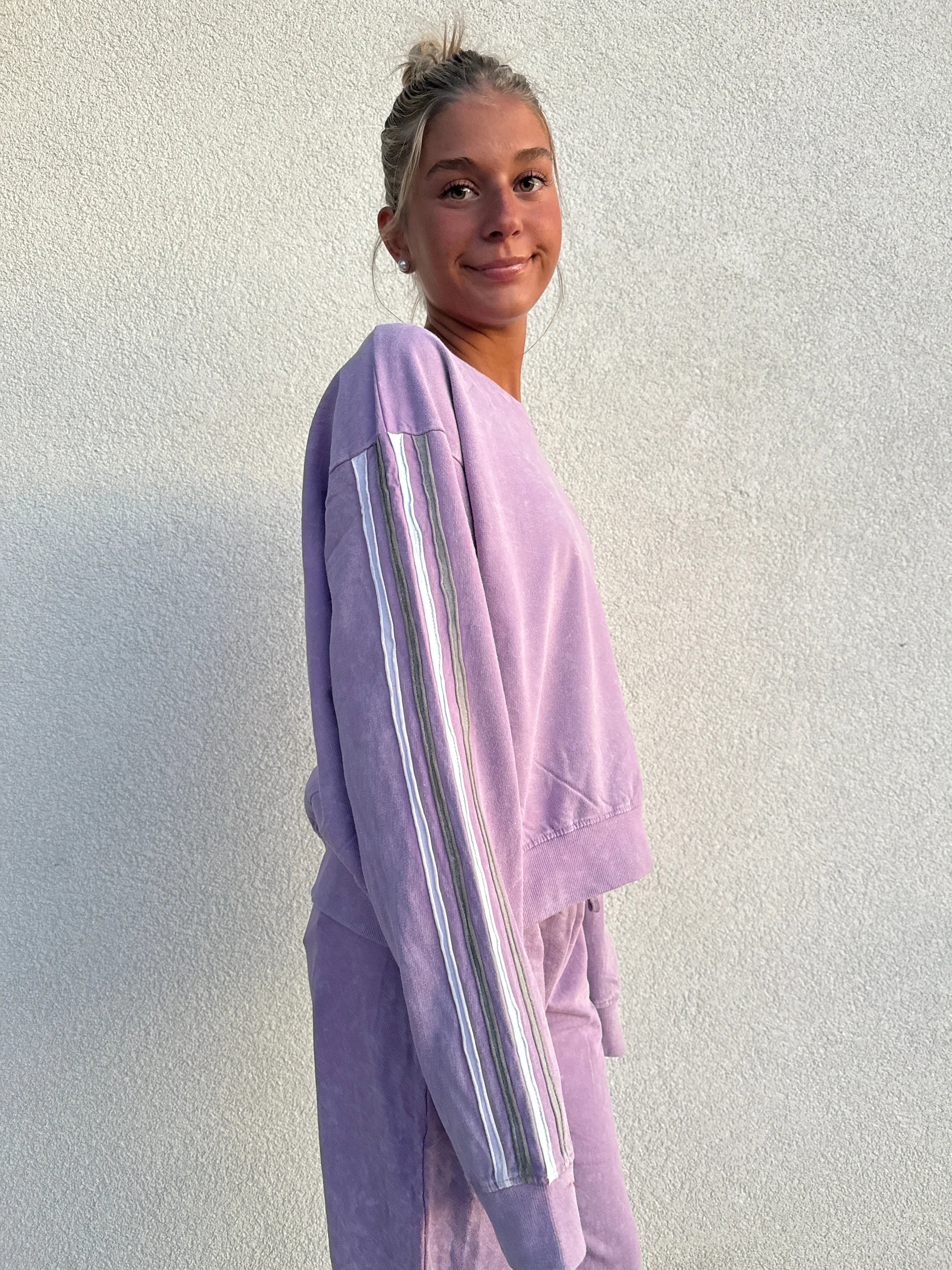 BLOOM + POP Acid Wash Crewneck w/ Striped Sleeves on Simply Obsessed