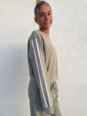 BLOOM + POP Acid Wash Crewneck w/ Striped Sleeves on Simply Obsessed