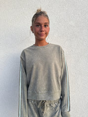 BLOOM + POP Acid Wash Crewneck w/ Striped Sleeves on Simply Obsessed