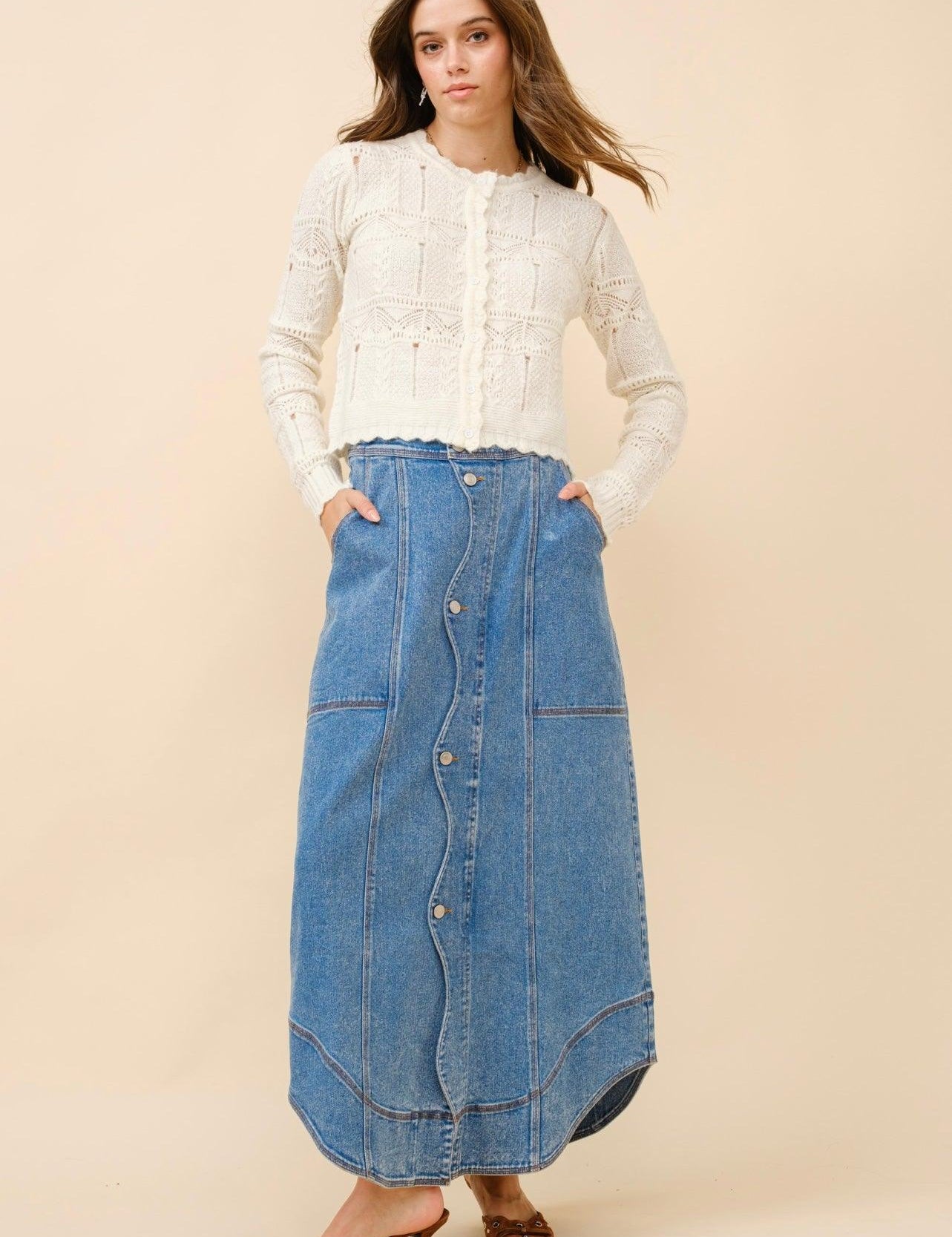 BLUE B Button Up Denim Skirt - MEDIUM WASH on Simply Obsessed