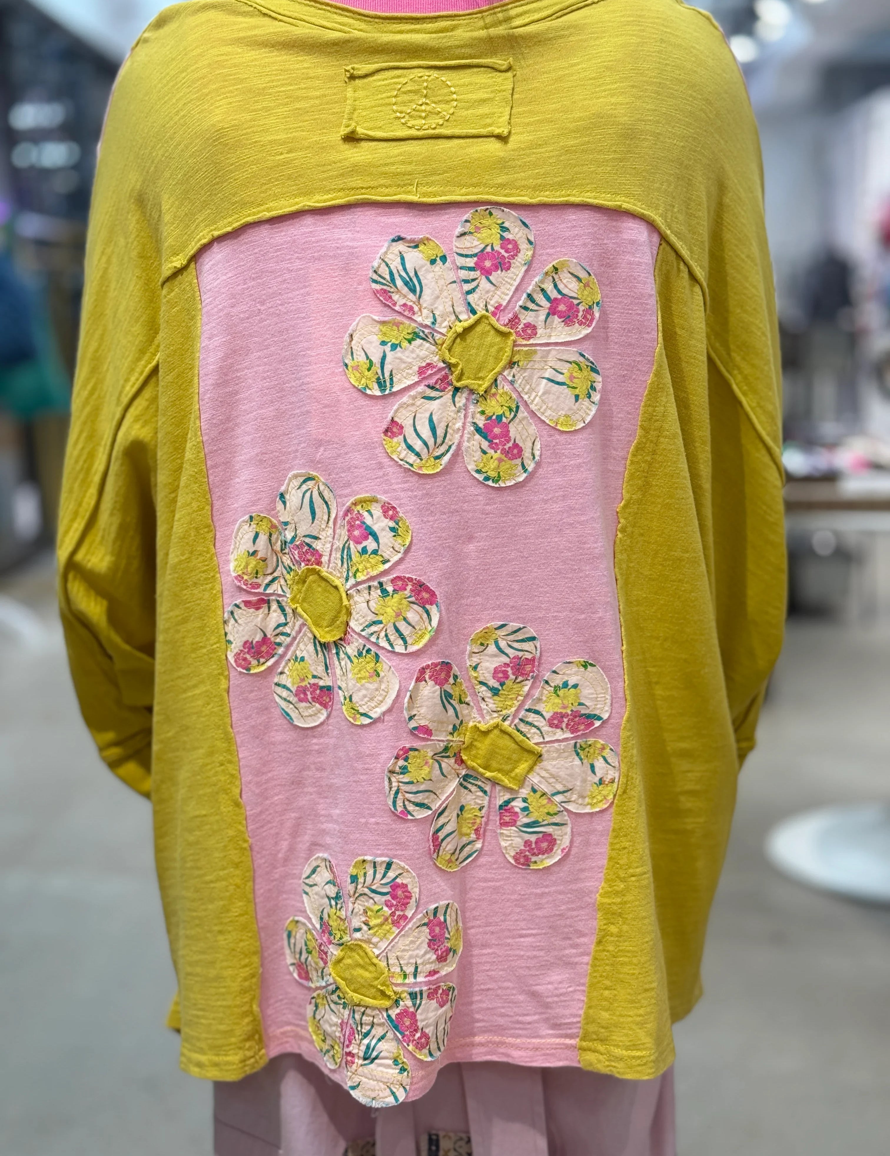 BLUE VELVET Flower Patch V-Neck Drop Shoulder Top - MUSTARD on Simply Obsessed