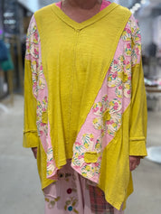 BLUE VELVET Flower Patch V-Neck Drop Shoulder Top - MUSTARD on Simply Obsessed