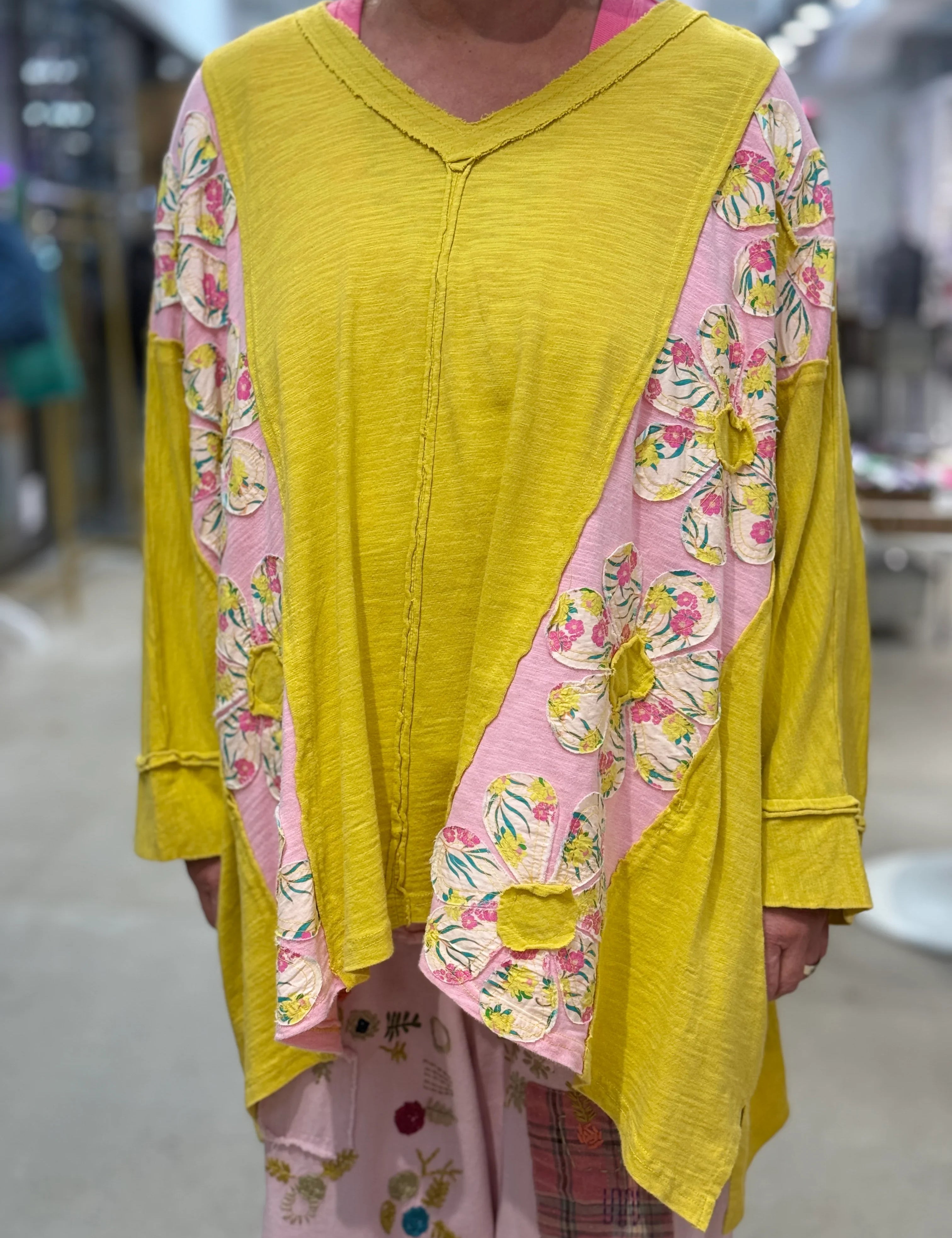 BLUE VELVET Flower Patch V-Neck Drop Shoulder Top - MUSTARD on Simply Obsessed