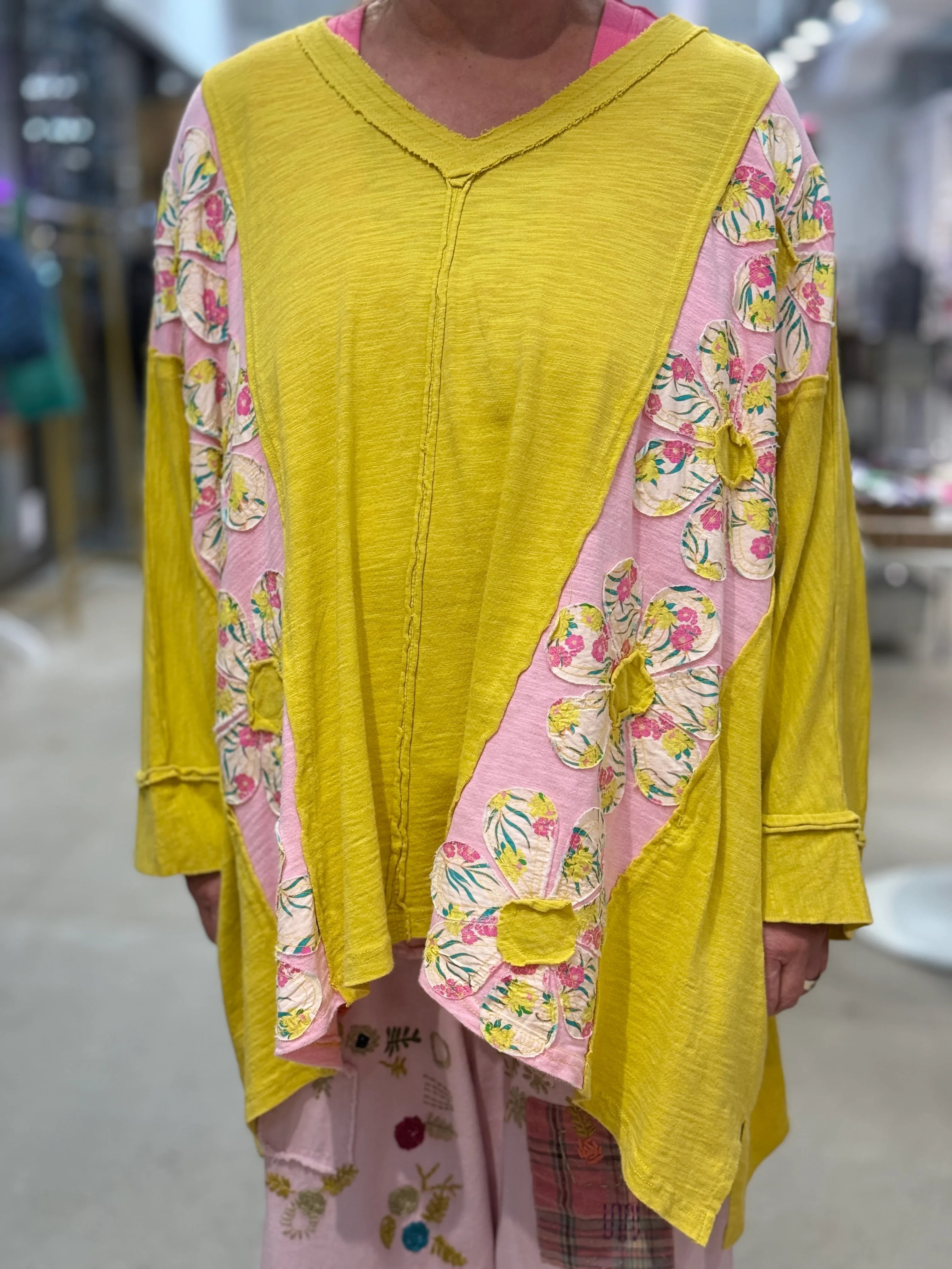 BLUE VELVET Flower Patch V-Neck Drop Shoulder Top - MUSTARD on Simply Obsessed