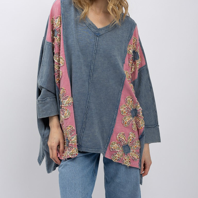 BLUE VELVET Flower Patch V-Neck Shoulder Drop Top on Simply Obsessed