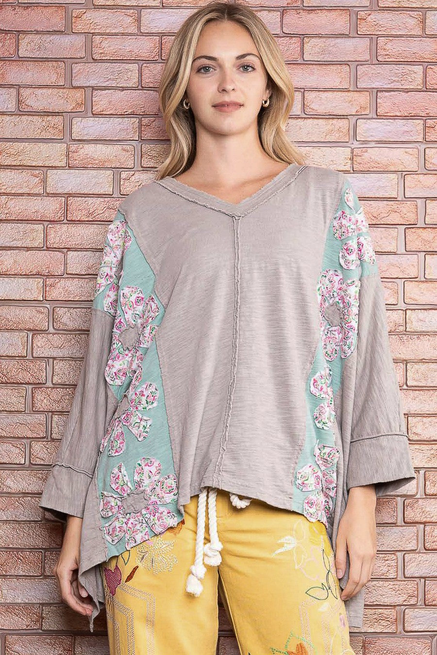 BLUE VELVET Flower Patch V-Neck Shoulder Drop Top on Simply Obsessed