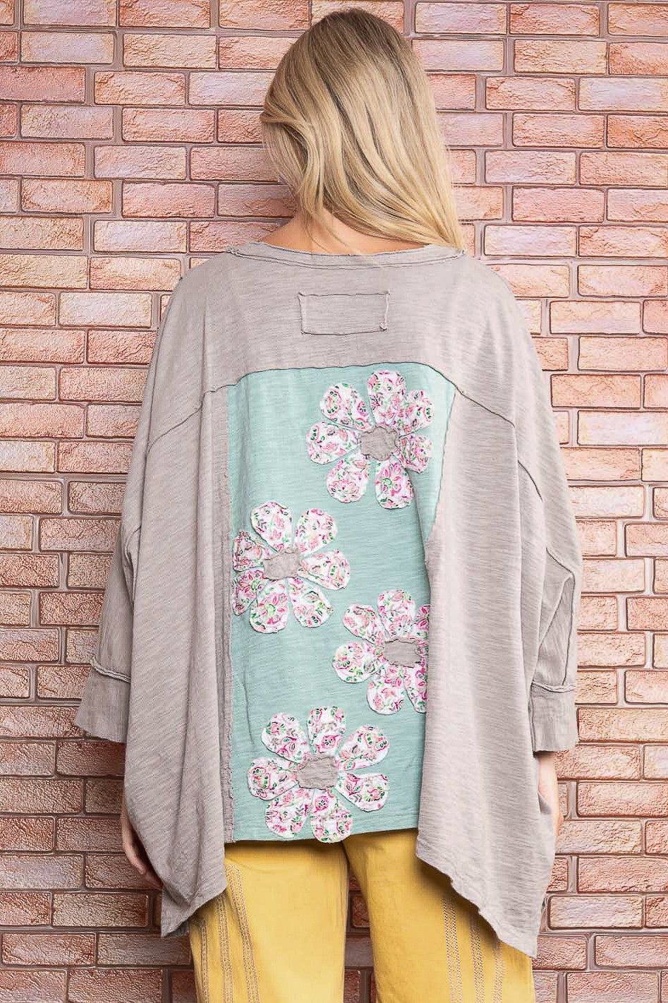 BLUE VELVET Flower Patch V-Neck Shoulder Drop Top on Simply Obsessed