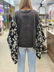BLUE VELVET Johnny Cash Print Flower Poncho Sleeve Top - BLACK on Simply Obsessed