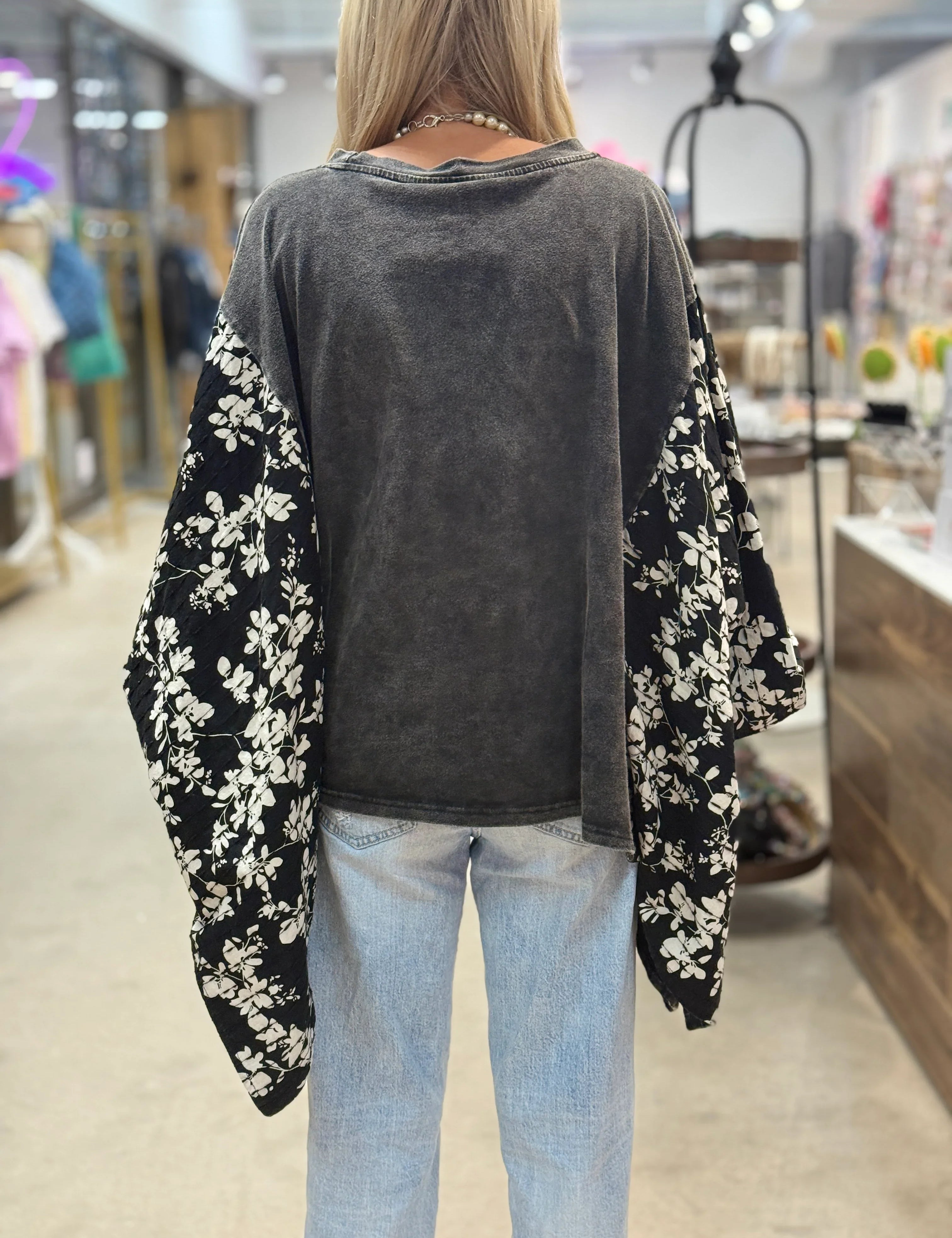 BLUE VELVET Johnny Cash Print Flower Poncho Sleeve Top - BLACK on Simply Obsessed