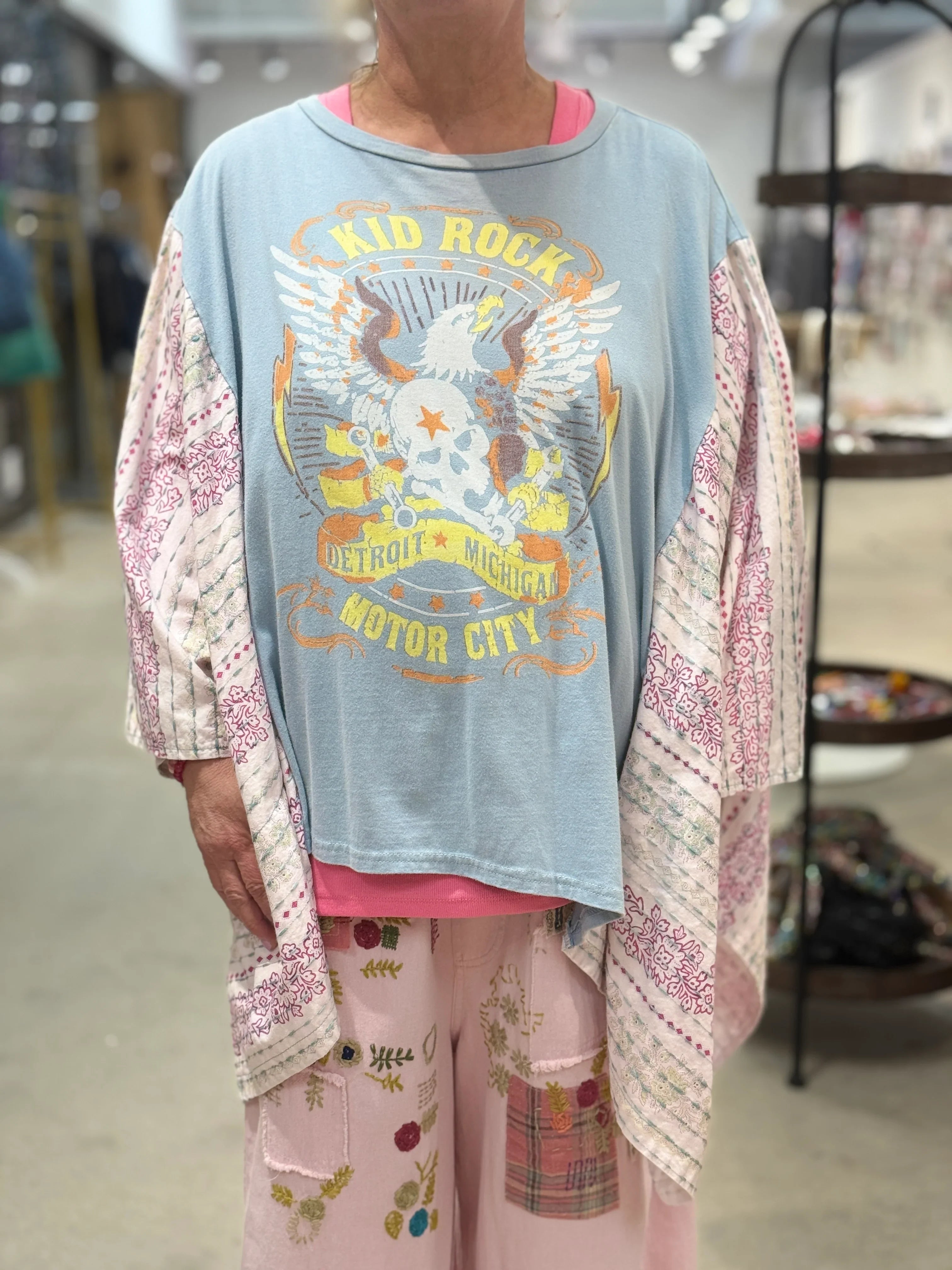 BLUE VELVET Kid Rock Print Poncho Sleeve Top - LIGHT BLUE on Simply Obsessed