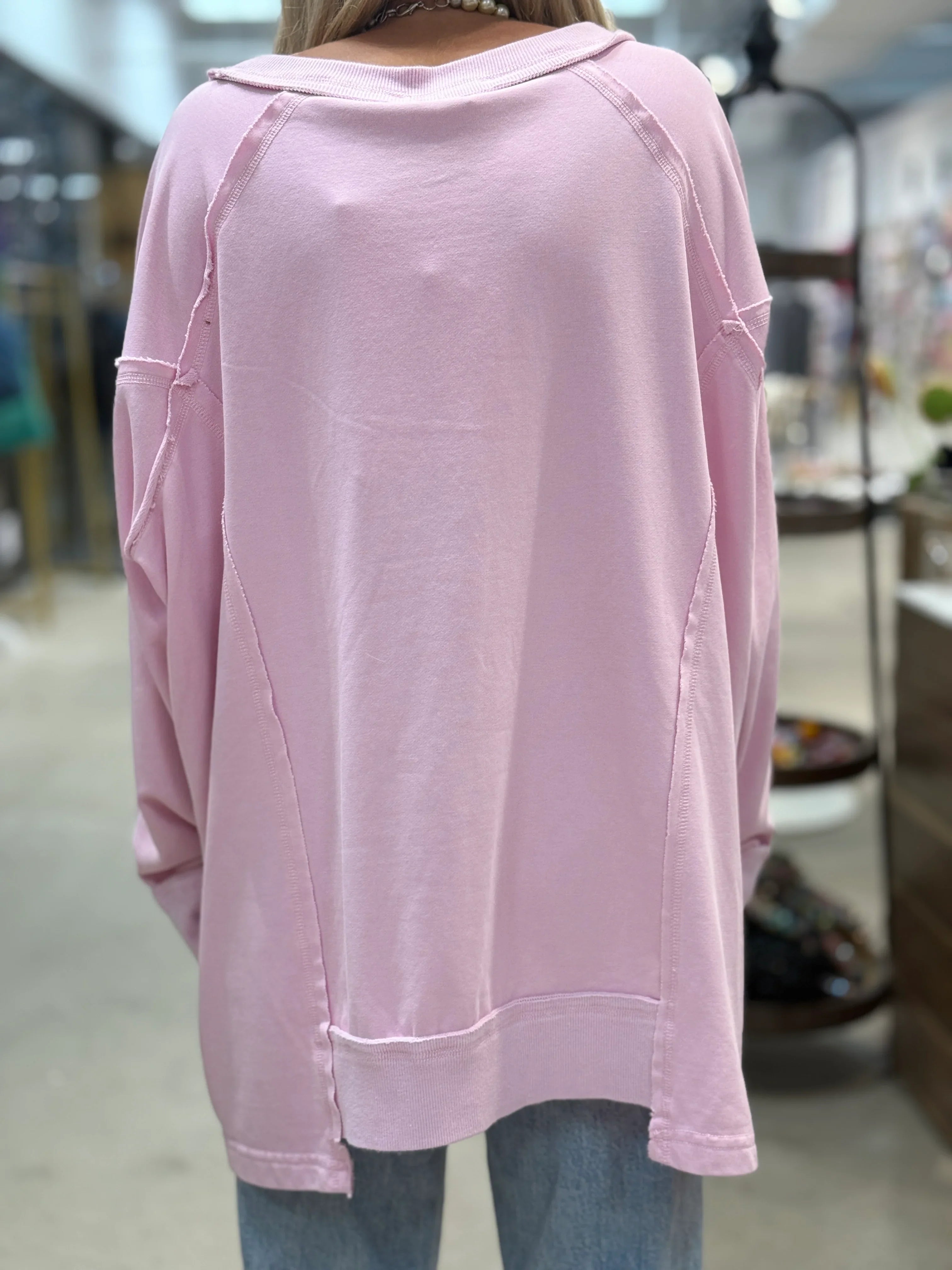 BLUE VELVET Washed Cotton Terry Patchwork Top - LIGHT PINK on Simply Obsessed