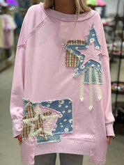 BLUE VELVET Washed Cotton Terry Patchwork Top - LIGHT PINK on Simply Obsessed