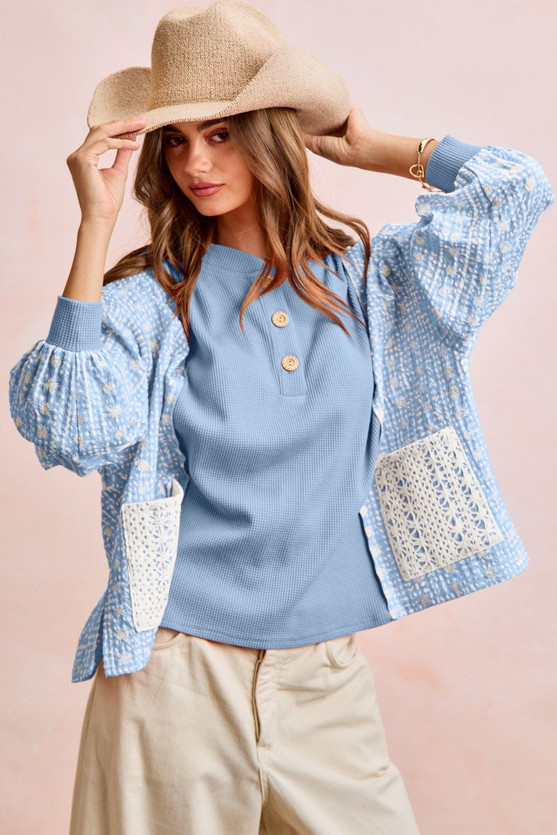 BIBI Mix & Match Buttoned Top w/ Front Pocket-LIGHT BLUE