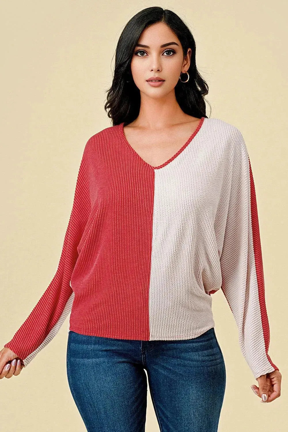 BLUMIN Two Tone V-Neck Top - Red/Oat on Simply Obsessed