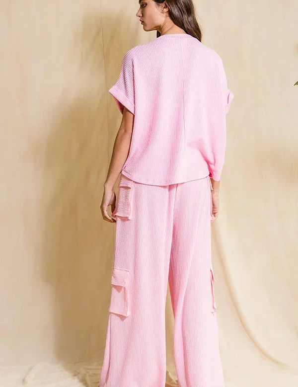BUCKETLIST Cargo Pocket Wide Pants - BABY PINK on Simply Obsessed