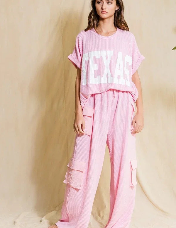 BUCKETLIST Cargo Pocket Wide Pants - BABY PINK on Simply Obsessed