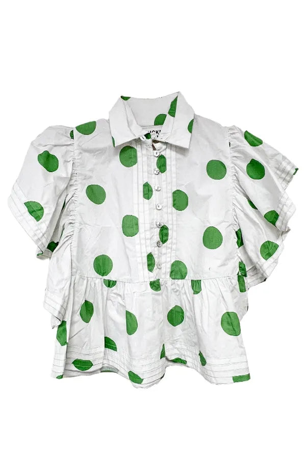 BUCKETLIST Polka Dot Ruffle Blouse Top - IVORY/GREEN on Simply Obsessed