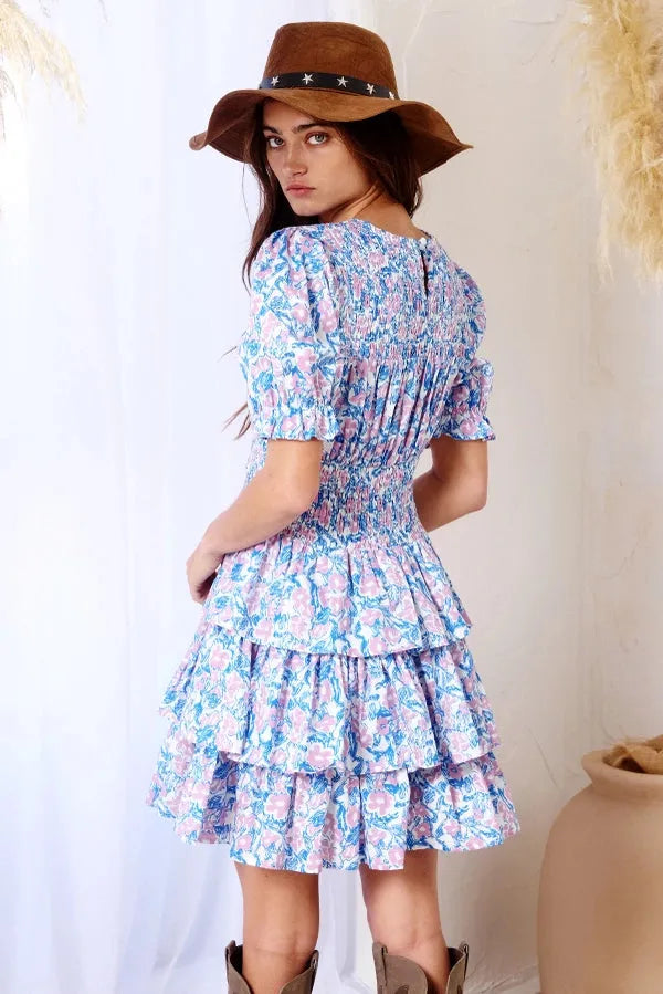 BUCKETLIST Smocked Neck + Waist Tiered Dress - BLUE/LAVENDER on Simply Obsessed