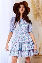 BUCKETLIST Smocked Neck + Waist Tiered Dress - BLUE/LAVENDER on Simply Obsessed